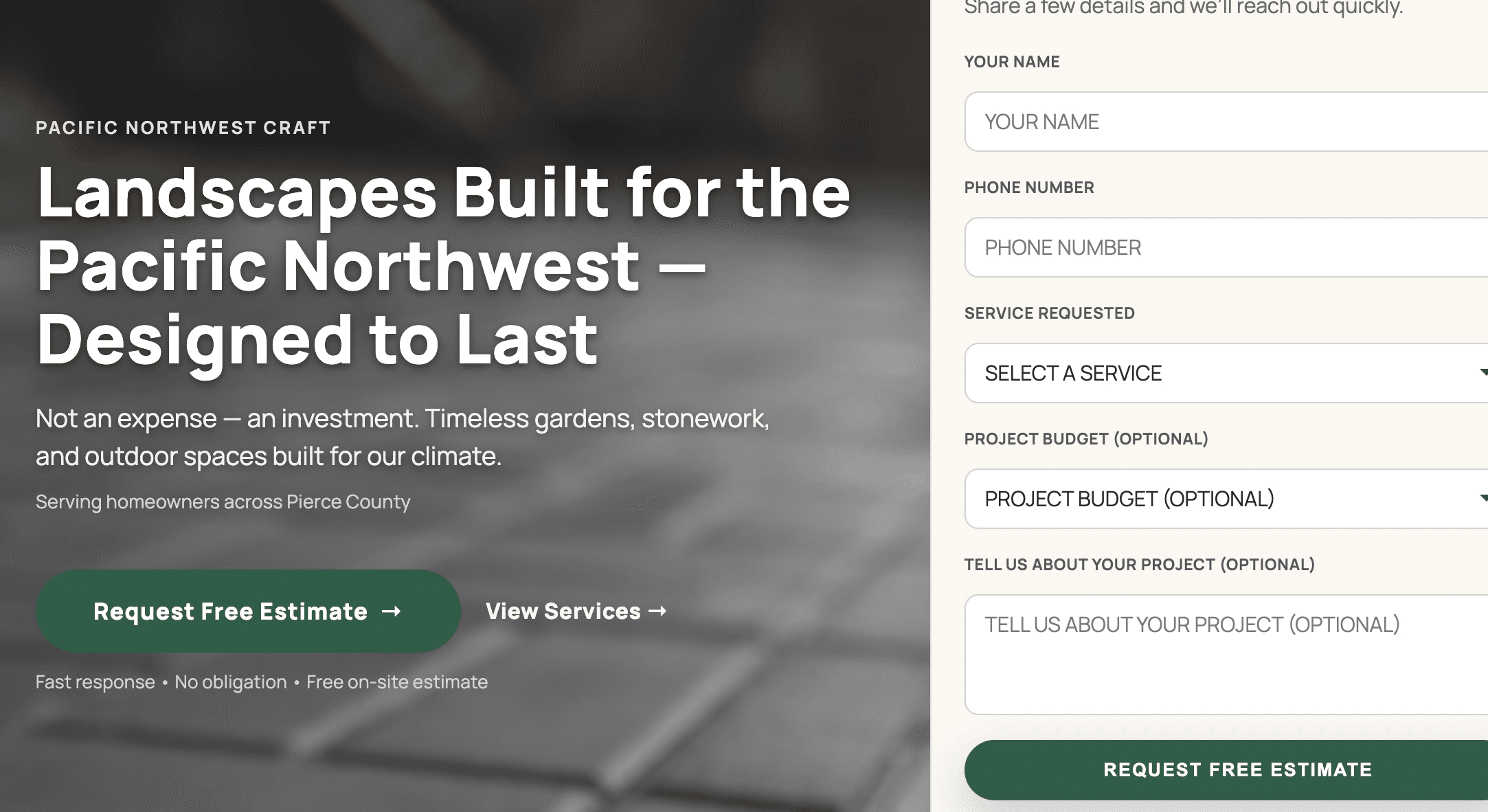 PNW landscaping website screenshot