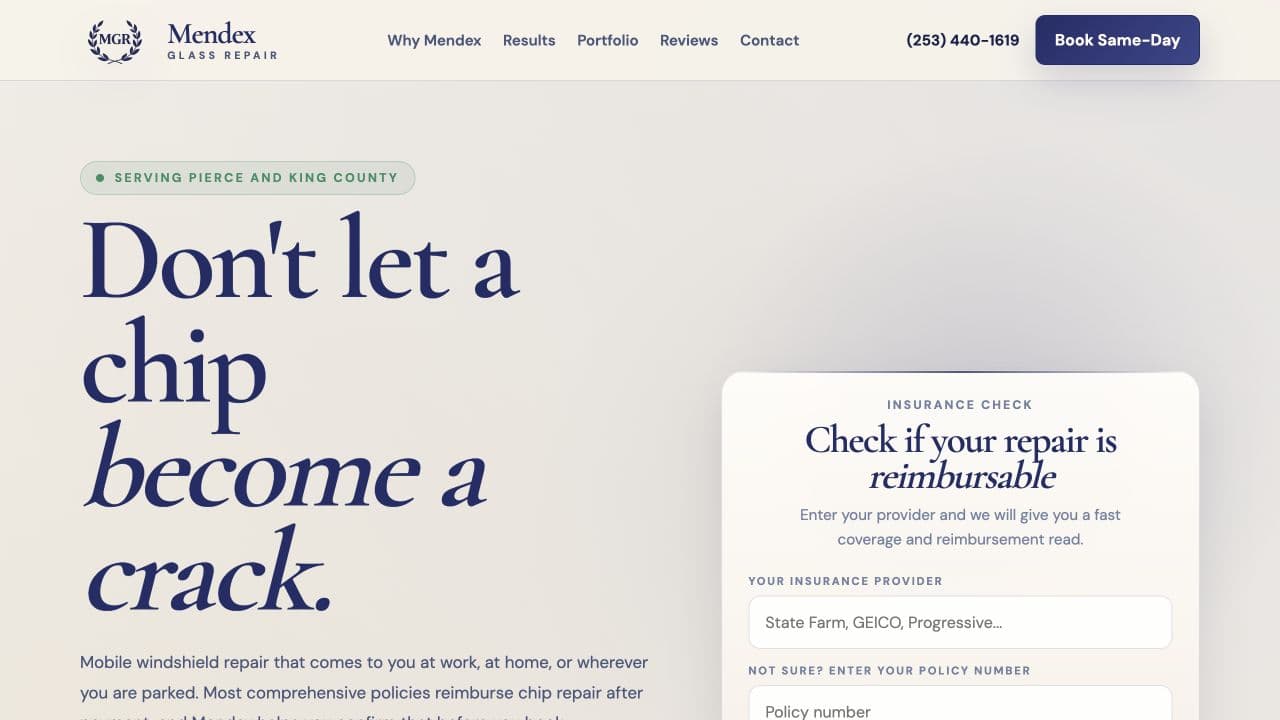 Mendex Glass Repair website homepage